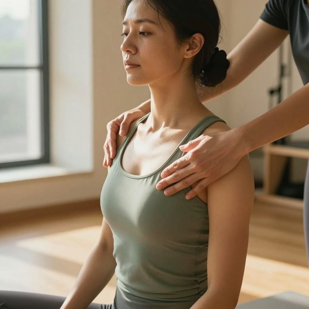 Private instructor tactile cueing demonstrating the classical Pilates principles of concentration and postural alignment in Old Tappan NJ